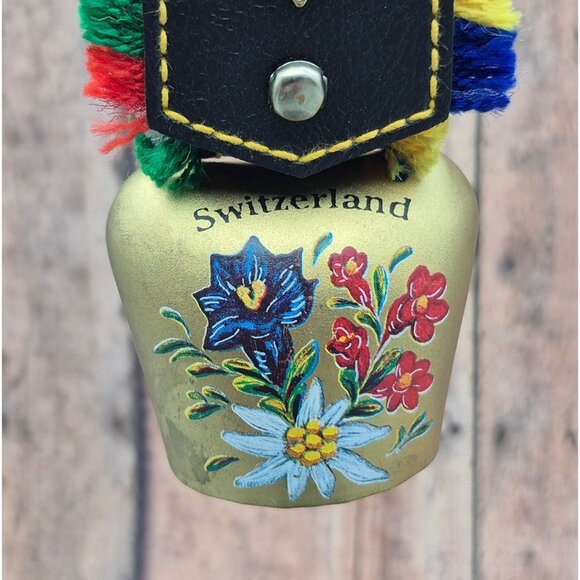 Vintage Swiss Cow Bell Switzerland Souvenir Floral Brass Tone Cowbell With Strap - Picture 3 of 6